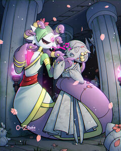 Gardevoir and FattyIsFearful's Gorgovoir (Pokemon OC) two Fullbody Fullcolor Normal BG