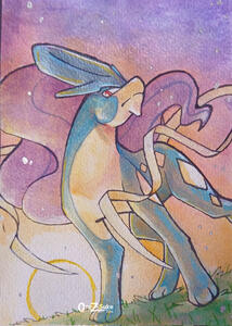 Suicune (Pokemon) Fullbody Watercolor Mid-Way background