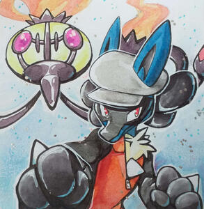 DualDEATH's Lucario OC and a shiny Chandelure (Pokemon) two HalfBody Promarker Simple BG